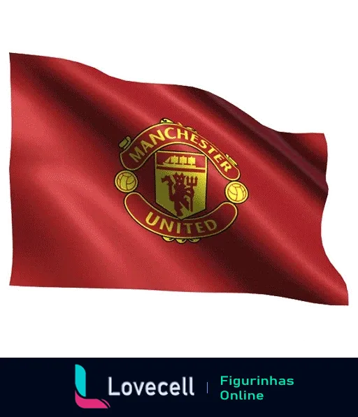 Bandeira do Manchester United ondulante com emblema, diabo vermelho, navio e duas bolas de futebol