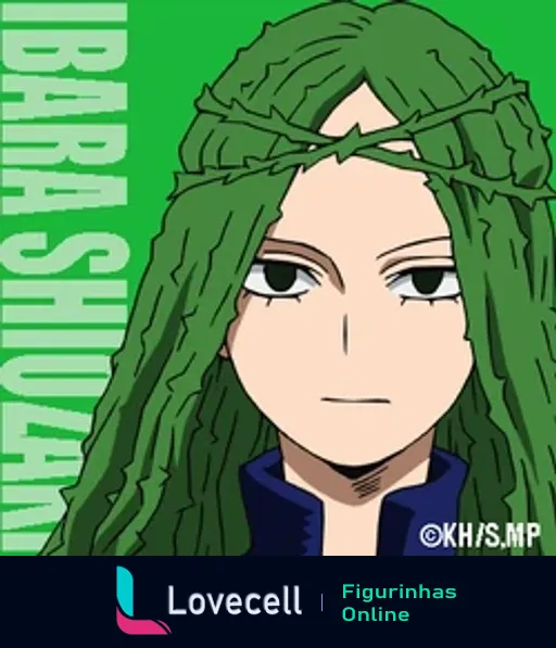 Personagem Ibara Shiozaki da classe 1B do anime My Hero Academia com cabelos verdes e olhar sério, fundo verde.