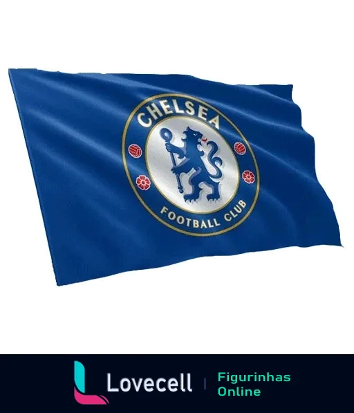 Figurinha da bandeira do Chelsea Football Club ondulando com emblema central de um leão rampante e bolas de futebol, cercado por anel dourado com o nome do clube