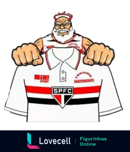 Figurinha de torcedor do São Paulo Futebol Clube, personagem musculoso de desenho animado segurando camiseta com logo SPFC, usando boné vermelho e com barba branca