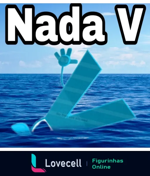 Figurinha de um avião de papel azul listrado flutuando sobre o oceano calmo com uma flor na ponta e o texto 'No free use allowed' no corpo do avião, sob um céu claro