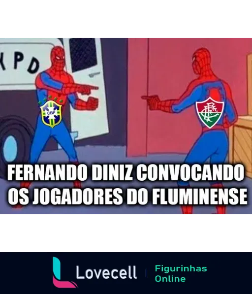 Figurinha de dois Spider-Men apontando um para o outro representando Fernando Diniz convocando jogadores do Fluminense para a Seleção, com logos da CBF e Fluminense sobrepostos