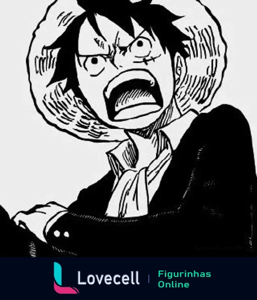 Luffy, personagem de One Piece, grita de raiva em uma cena expressiva, com seu chapéu de palha característico e roupa casual.