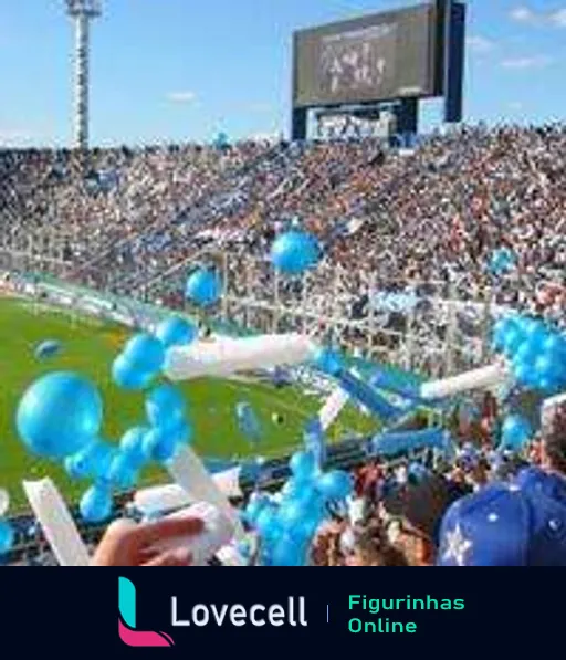 Torcedores animados no estádio do Vélez Sarsfield durante um jogo de futebol, com bexigas azuis lançadas ao ar