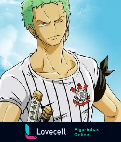 Imagem do personagem Zoro do anime, vestindo uma camiseta do Corinthians em um fundo azul claro.