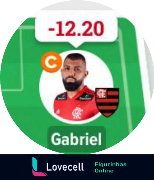 Figurinha do jogador Gabriel do Flamengo como Capitão com pontuação negativa de -12.20 no Cartola, destacado com um 'C' em círculo verde