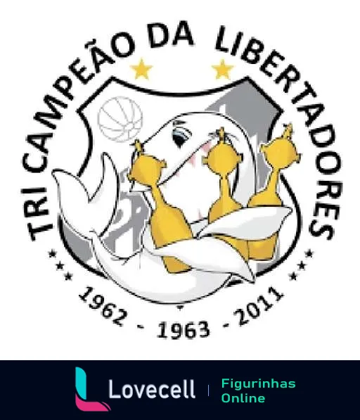 Escudo do Santos FC com três estrelas douradas e bandeira branca e preta comemorando os títulos da Libertadores de 1962, 1963 e 2011