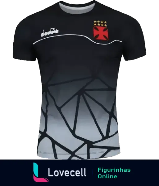 Figurinha de camisa de time de futebol preta e branca com padrão geométrico de teia de aranha, logotipo de marca esportiva e escudo com cruz e duas estrelas