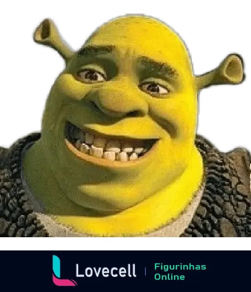 Shrek com um sorriso largo exibindo os dentes, expressão amigável e olhos alegres, ideal para reações positivas. Reações do Shrek.