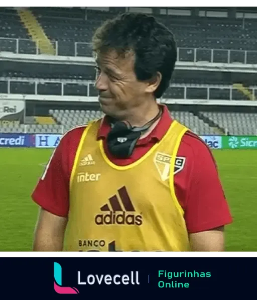 Treinador do São Paulo FC com expressão desconfiada e usando colete de treino do clube durante entrevista em campo.