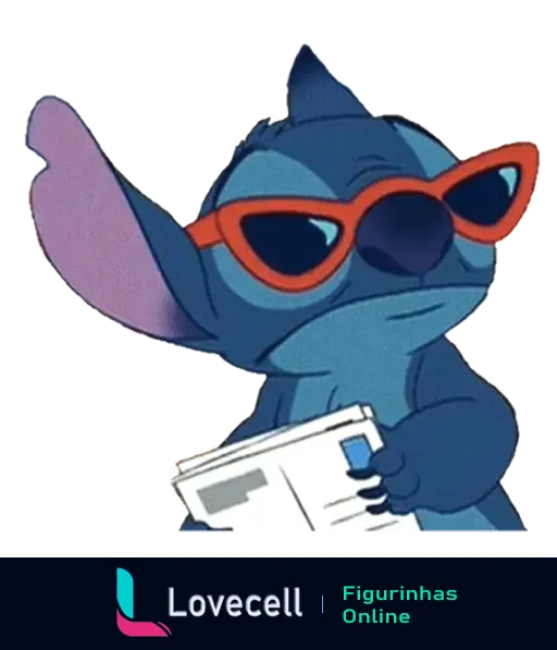 Stitch, o personagem azul da Disney, está usando óculos de sol vermelhos e segurando um jornal, em uma pose estilosa e divertida.