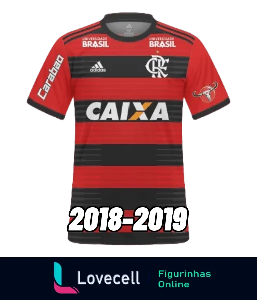 Figurinha do uniforme do Flamengo 2018-2019, camisa listrada em vermelho e preto com logos da Caixa, Adidas e emblema do clube