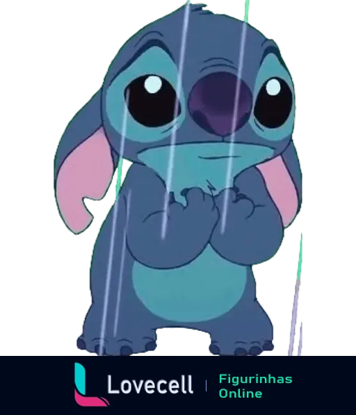 Imagem do Stitch de Lilo e Stitch olhando triste para frente, com uma expressão de desânimo, enquanto está debaixo da chuva.