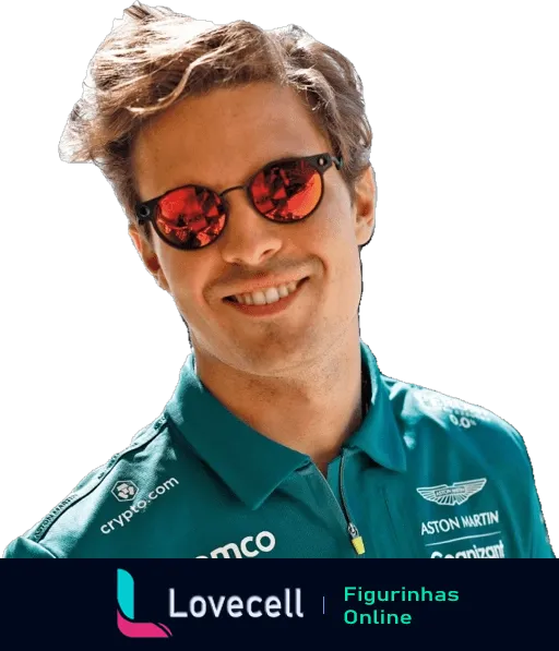 Felipe Drugovich sorrindo, usando óculos de sol com reflexo vermelho e camisa verde da Aston Martin e Cognizant