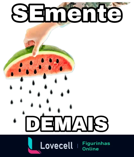 Mão espremendo fatia de melancia transformando sementes em dígitos binários 0 e 1, com expressão 'SEmente DEMAIS'