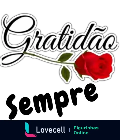 Figurinha com a frase 'Gratidão Sempre' em caligrafia elegante e enfeitada, acompanhada de uma rosa vermelha vibrante sobre fundo preto.