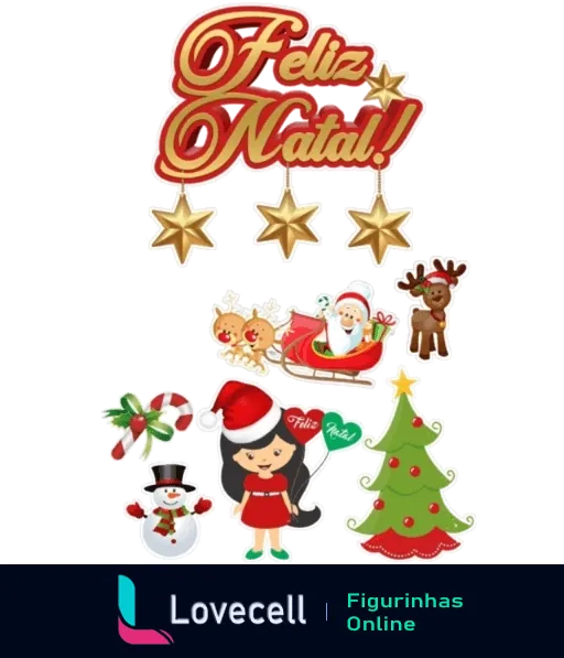 Sticker de Natal com texto 'Feliz Natal' em dourado e vermelho, Papai Noel, rena, árvore de Natal decorada, biscoitos em forma de estrela, boneco de neve e menina vestida de Mamãe Noel