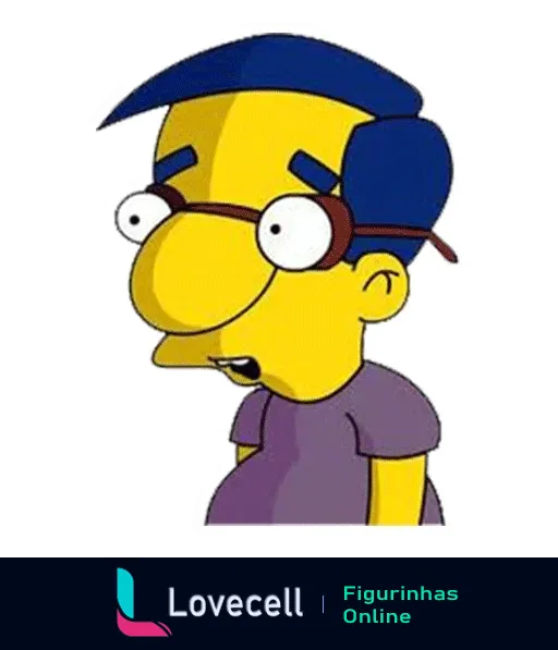 Figurinha do Milhouse Van Houten surpreso, personagem de 'Os Simpsons', vestindo camiseta roxa e boné azul, com óculos redondos e olhos arregalados