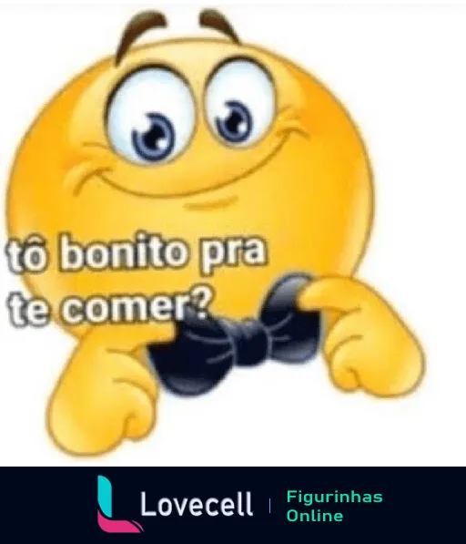 Emoji sorridente amarelo com laço preto e texto 'tô bonito pra te comer?' em fundo branco. Representa humor e diversão.