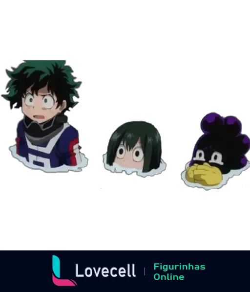 Figurinha de personagens de Boku No Hero Academia com expressões cômicas. A imagem destaca as expressões surpresas e divertidas dos três heróis.