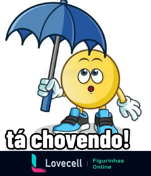 Emoji amarelo segurando guarda-chuva azul com expressão preocupada e texto 'tá chovendo!'. Ideal para mensagens sobre tempo chuvoso.