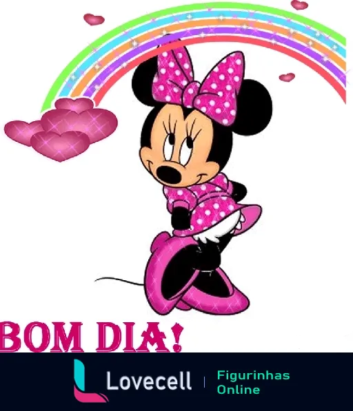 Figurinha de Bom Dia com Minnie Mouse vestida com traje rosa e tiara de laço, fundo branco com arco-íris e corações rosas, frase 'BOM DIA!' na parte inferior