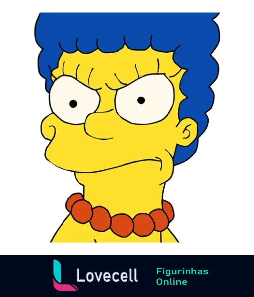 Marge Simpson descontente com cabelo azul e colar laranja olhando seriamente como expressão de desaprovação