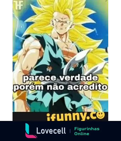 Figura de um personagem com cabelo dourado, vestindo uma roupa azul, acompanhado do texto 'parece verdade, porém não acredito'.