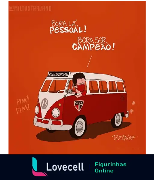 Ilustração de uma Kombi com símbolo do São Paulo FC e mensagem motivacional 'Bora lá pessoal! Bora ser campeão!'.