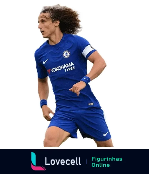 Figurinha de David Luiz jogando pelo Chelsea, com uniforme azul, cabelo cacheado volumoso e expressão intensa correndo no campo