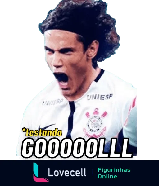 Jogador do Corinthians comemorando gol, vestindo uniforme branco, com cabelo cacheado e expressão de emoção. Texto 'testando GOOOOOLLL' em destaque.