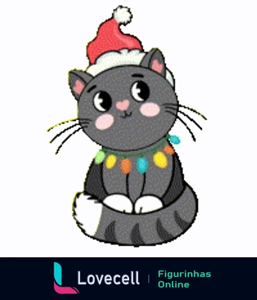 Gato cinza piscando e vestido com gorro de Papai Noel e coleira luminosa piscante em animação de Natal