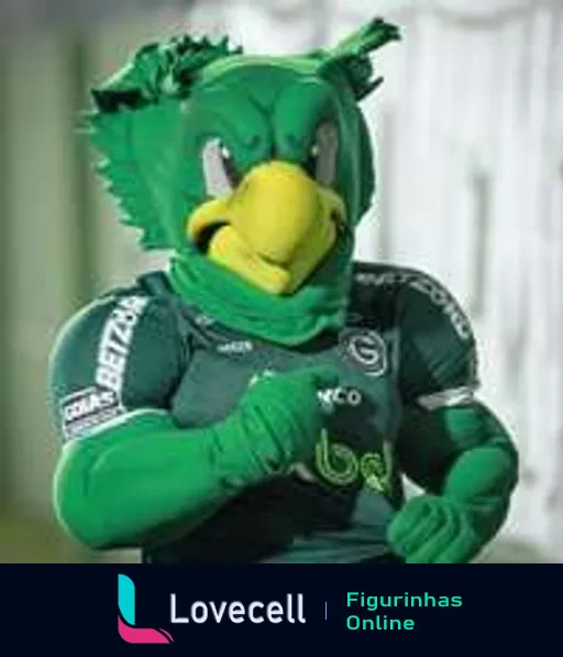 Mascote do Goiás Esporte Clube, um pássaro verde com uniforme do time, posando com confiança