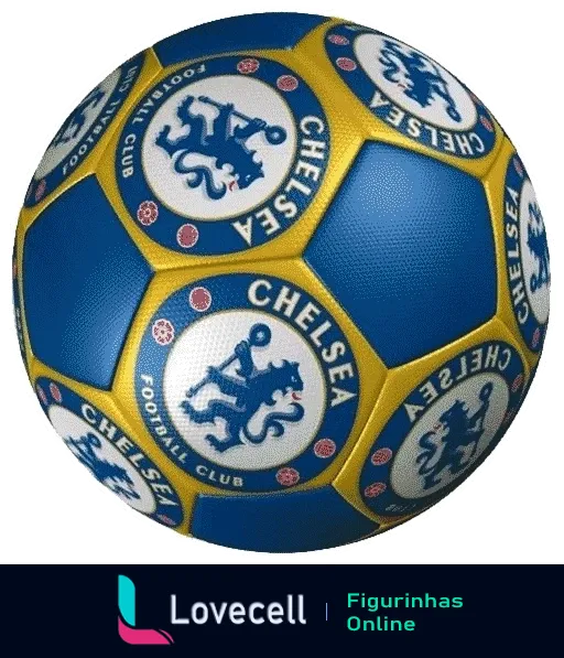 Figurinha de bola de futebol do Chelsea Football Club em azul e amarelo com escudos e detalhes gráficos