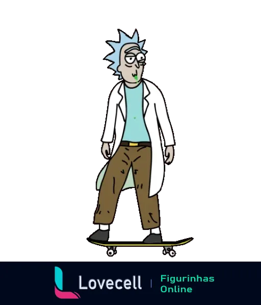 Rick Sanchez de 'Rick and Morty' sobre um skate, vestindo jaleco branco e camisa verde, com expressão despreocupada