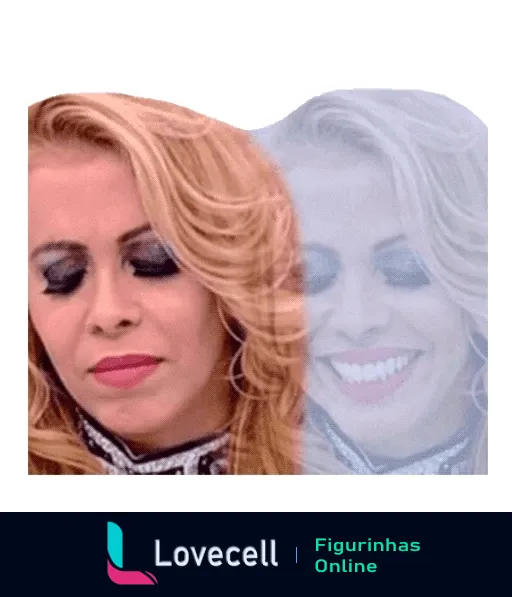 Figurinha de Joelma com expressão pensativa e uma transparência de seu rosto sorridente sobreposta, imagem criativa por lovecell