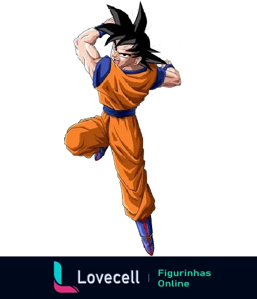 Imagem do personagem Goku em uniforme laranja, fazendo uma pose de luta dinâmica com fundo transparente. Estilo da série Dragon Ball.