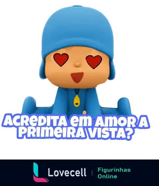 Figura animada do Pocoyo com olhos de coração, perguntando 'Acredita em amor à primeira vista?' em letras brancas com contorno azul.