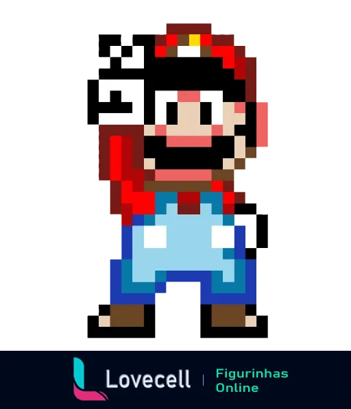 Figurinha do Mario em 8-bit com boné vermelho, macacão azul e bigode, estilo nostálgico do jogo Mario Bros