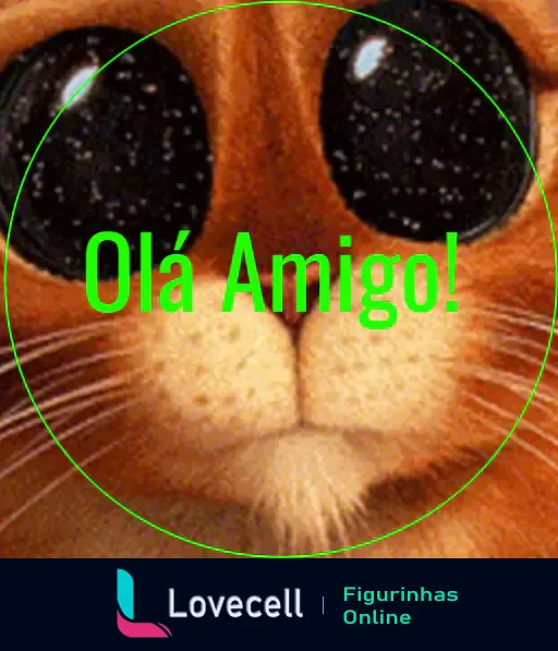 Imagem de um gato com olhos grandes estilo animado com um círculo verde ao redor e o texto 'Olá Amigo!' em verde.