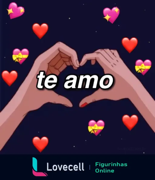 Figurinha de WhatsApp para Dia dos Namorados com mãos formando um coração e texto 'te amo', rodeada de corações vermelhos e rosas.