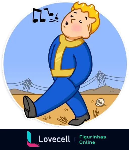 Desenho do Fallout Vault Boy caminhando despreocupado em um cenário pós-apocalíptico, assobiando notas musicais.