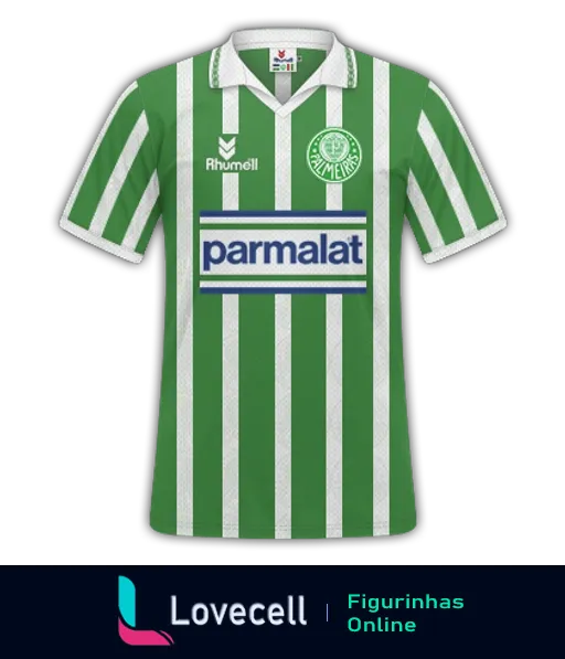 Figurinha da camisa do Palmeiras Rhumell Parlamat com listras verdes e brancas, logo do Palmeiras e patrocinador Parlamat destacados