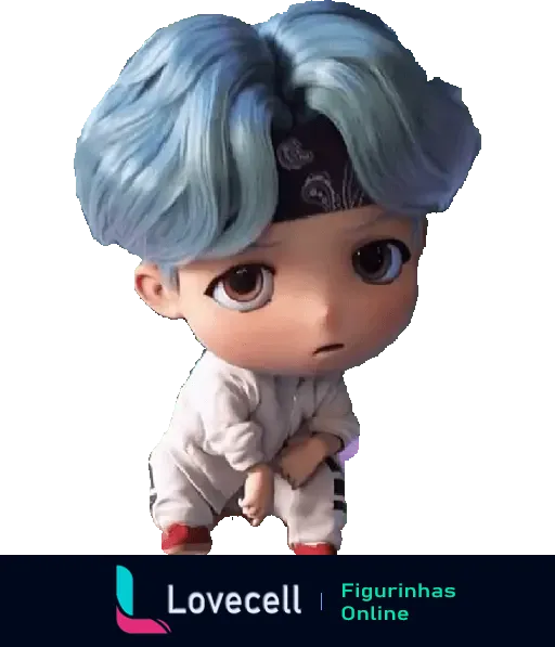 Figurinha de personagem com cabelo azul e bandana preta de banda K-pop BTS em pose fofa e expressiva.