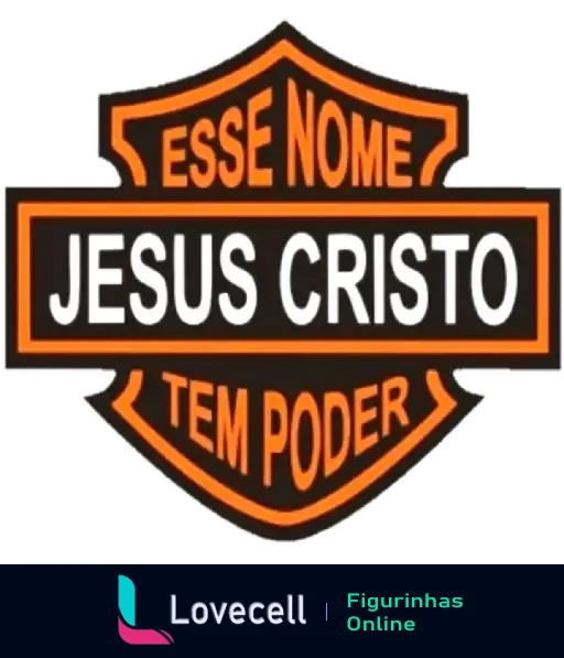 Figurinha evangélica com o texto 'Esse Nome Jesus Cristo Tem Poder' em um emblema estilo motociclista com cores preto e laranja.