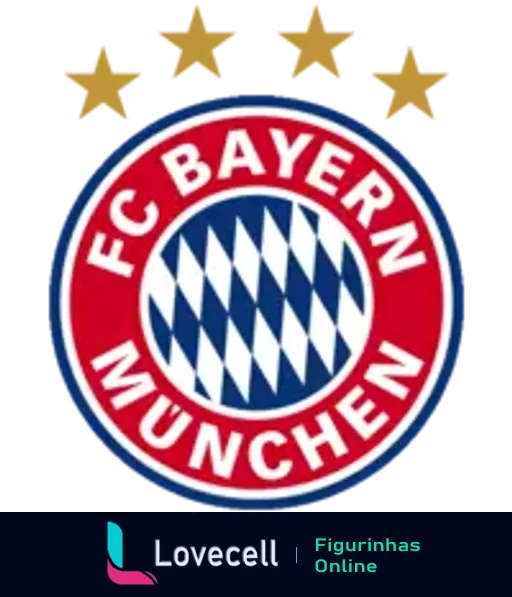 Escudo do FC Bayern München com fundo branco e azul em forma de losango, anel vermelho com nome do clube e quatro estrelas douradas