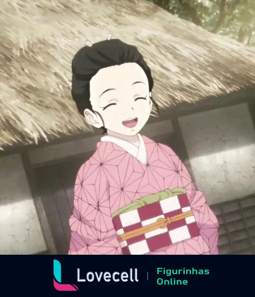 Kamado Nezuko sorridente vestindo um kimono rosa frente a uma casa de palha, segurando um presente.