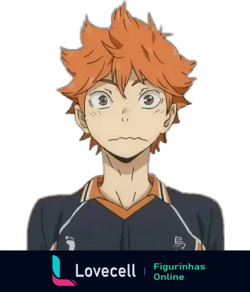 Imagem de um personagem de Haikyuu com cabelo laranja e expressão de surpresa, usando uniforme de vôlei preto com detalhes laranja.