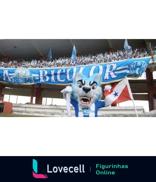 Mascote do Paysandu, lobo azul, segurando bandeirão 'Vega$ Nation' e 'NAÇÃO BICOLOR' em estádio com torcedores agitando bandeiras ao fundo