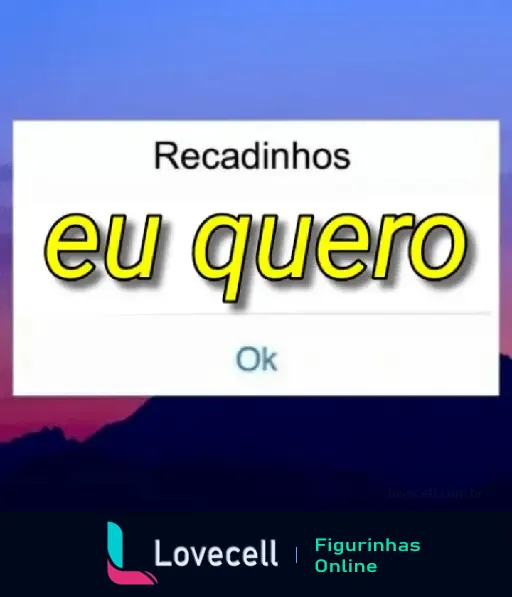 Figurinha de WhatsApp com 'Recadinhos eu quero', ideal para enviar indiretas pro crush, em fundo com gradiente azul e roxo.